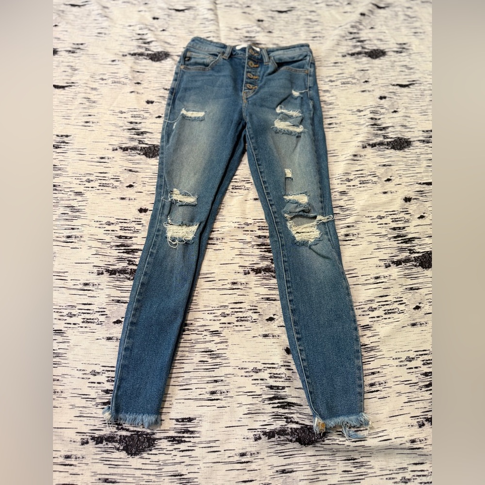 KanCan Medium Blue Button-Fly Skinny Jeans - Picture 1 of 8